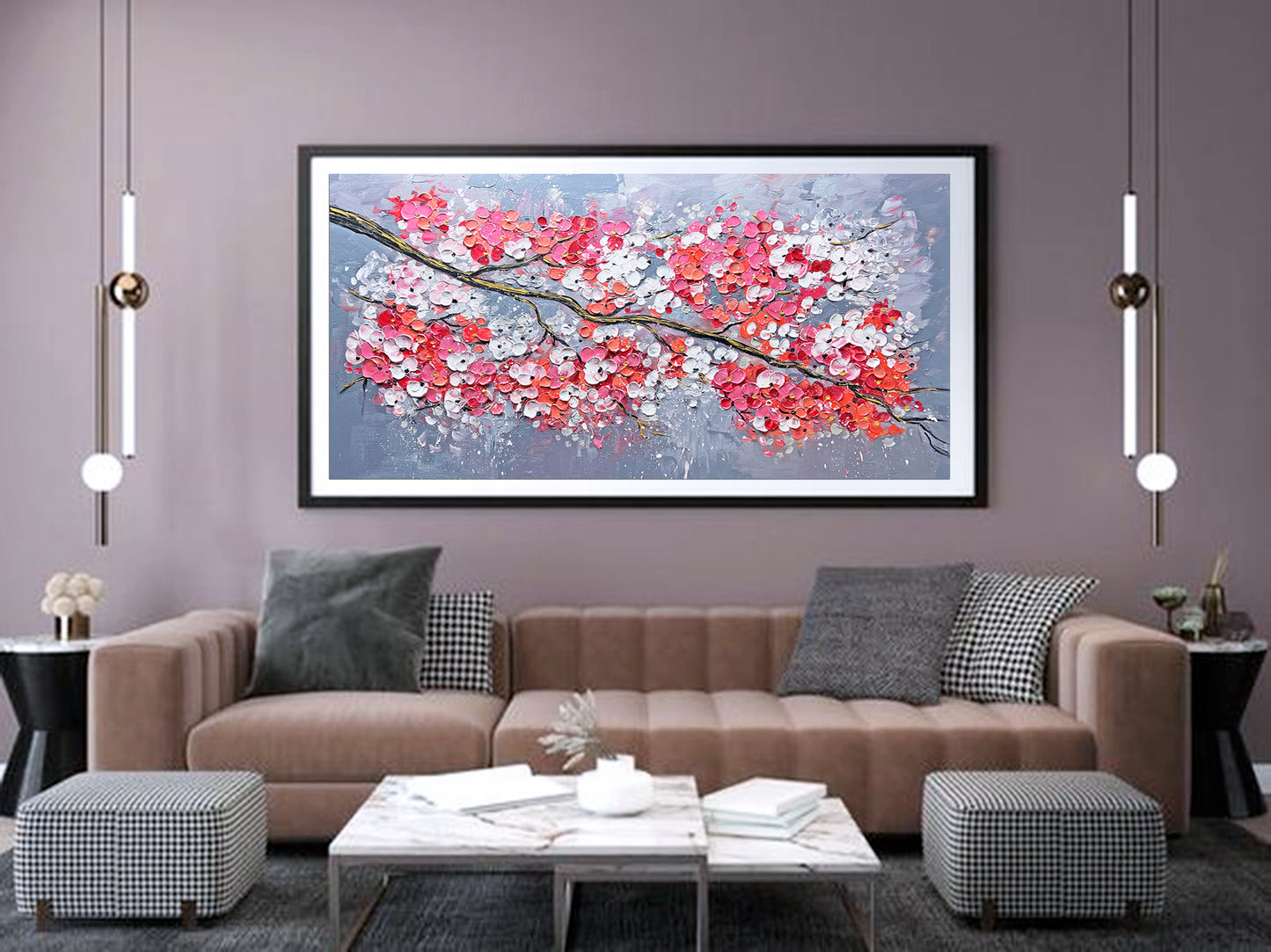 a living room filled with furniture and a painting on the wall