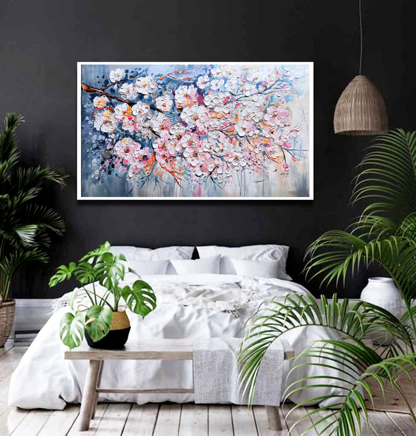 a bedroom with a large painting on the wall