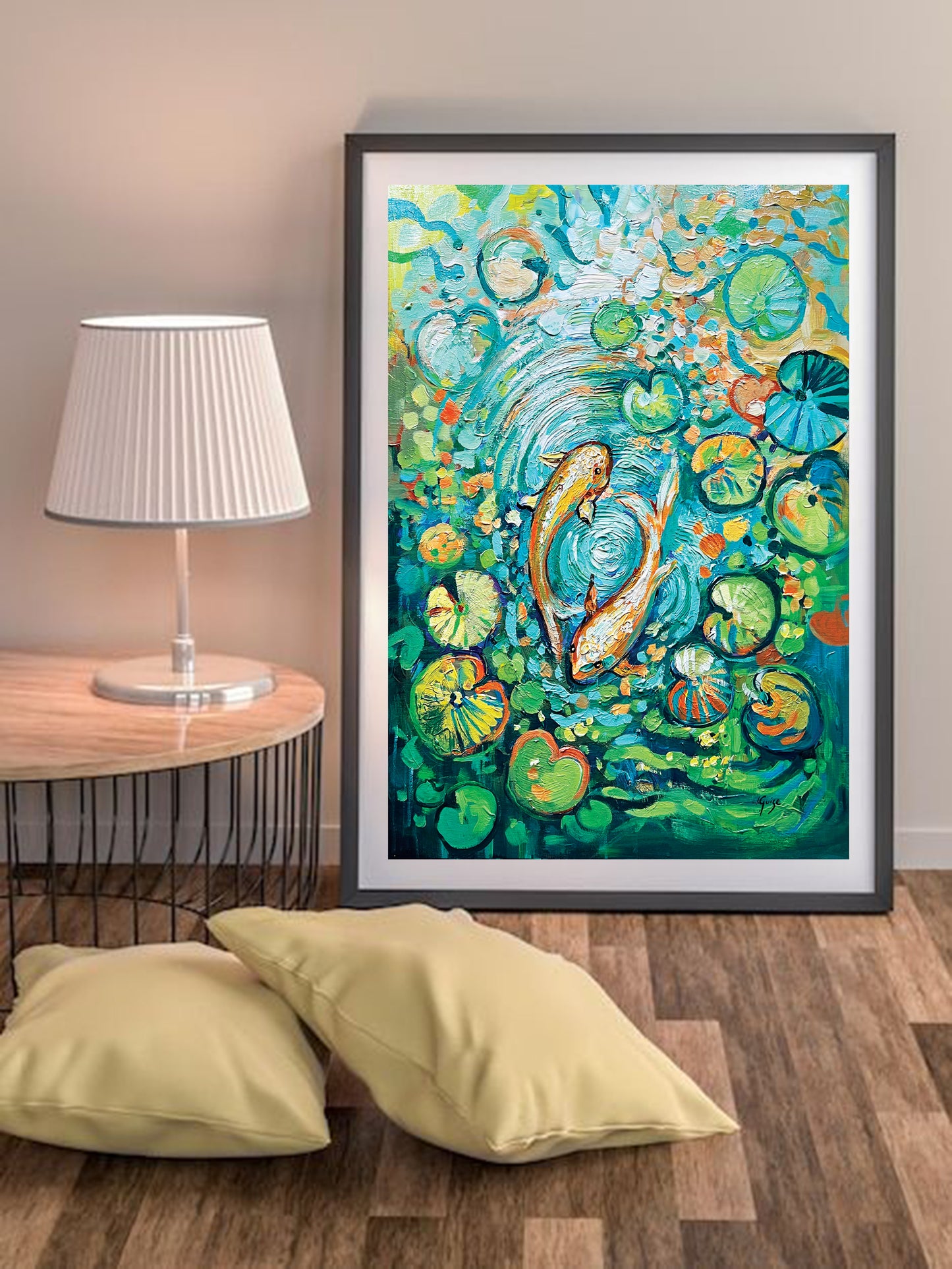 a painting on a wall next to a lamp