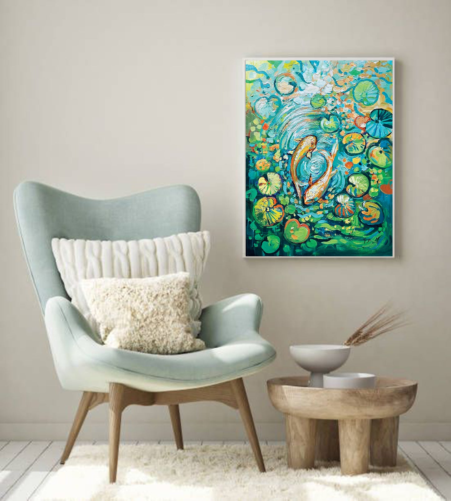 a room with a chair and a painting on the wall