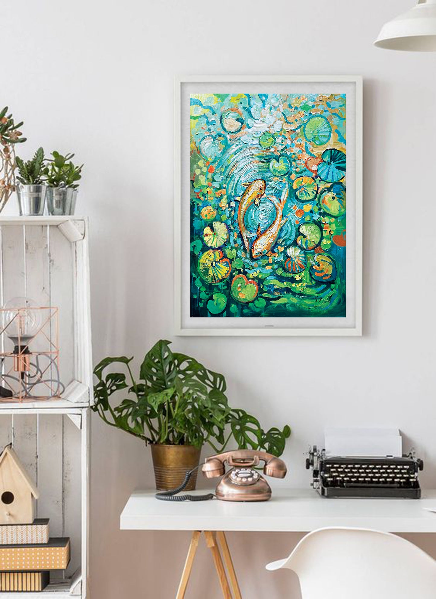 a painting on a wall above a desk