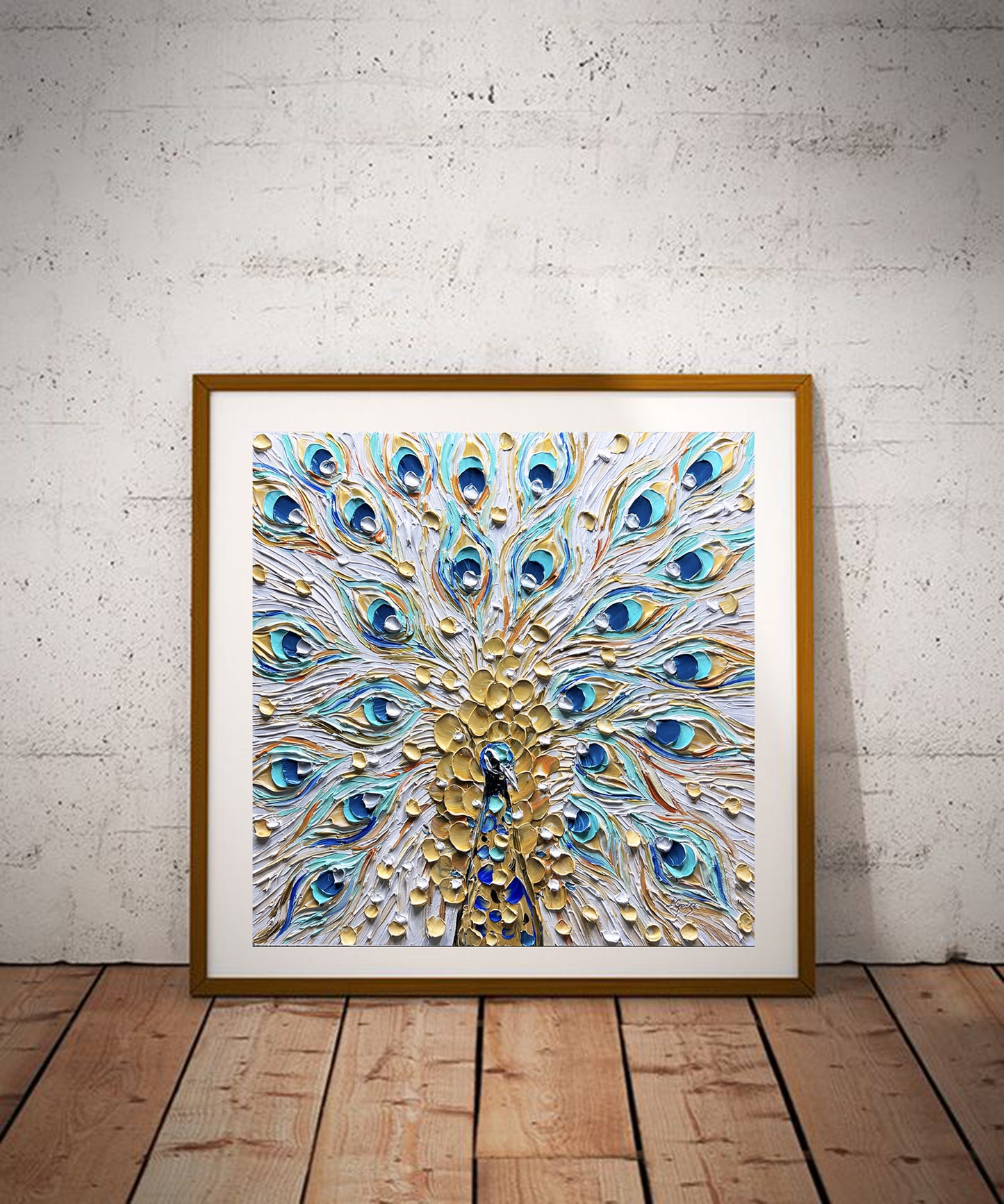 a picture of a peacock with blue and yellow feathers