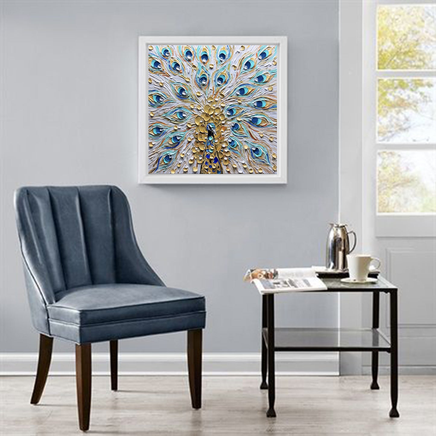 a blue chair and a table in a room