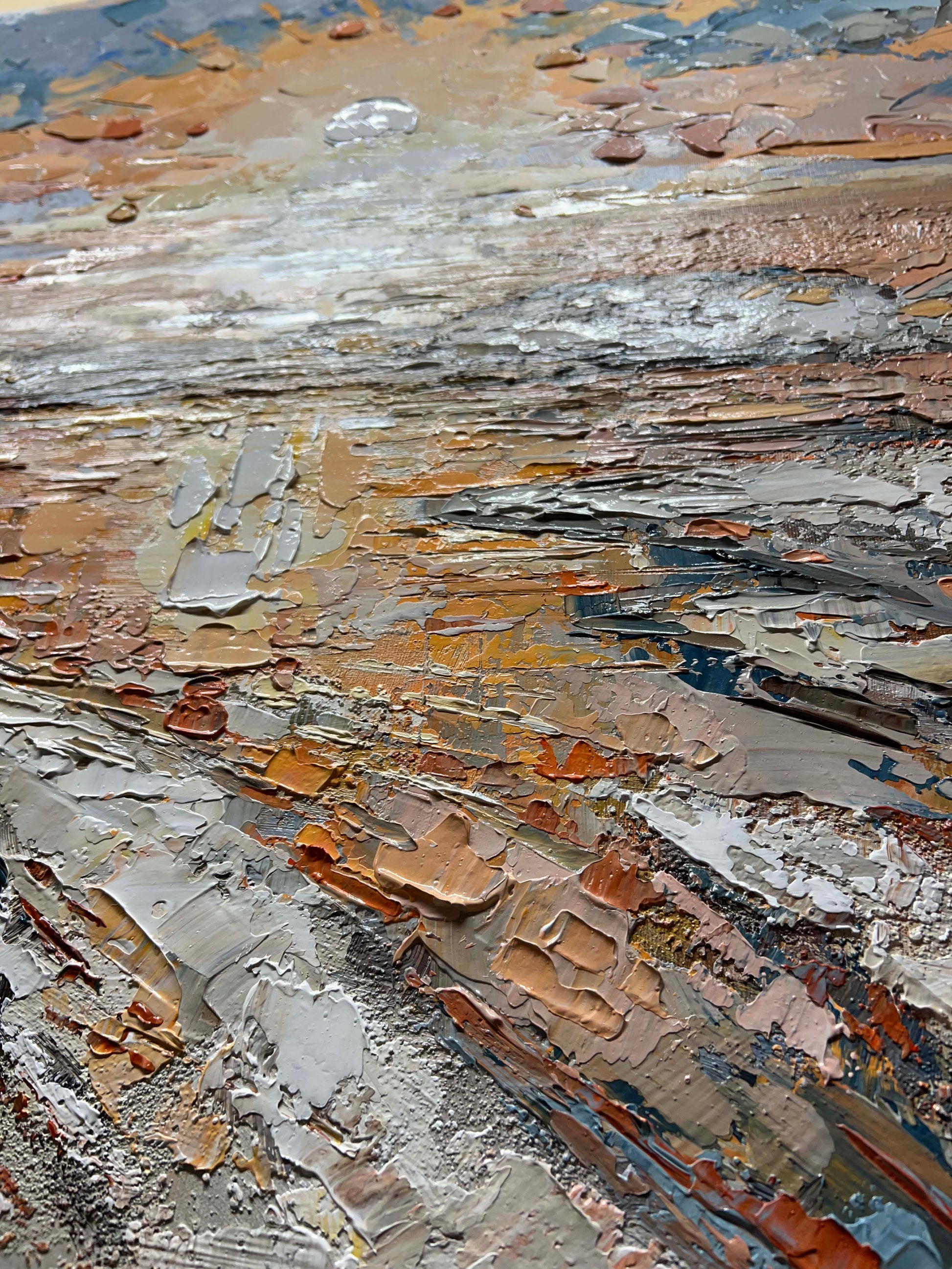 a close up of an abstract painting with paint streaks
