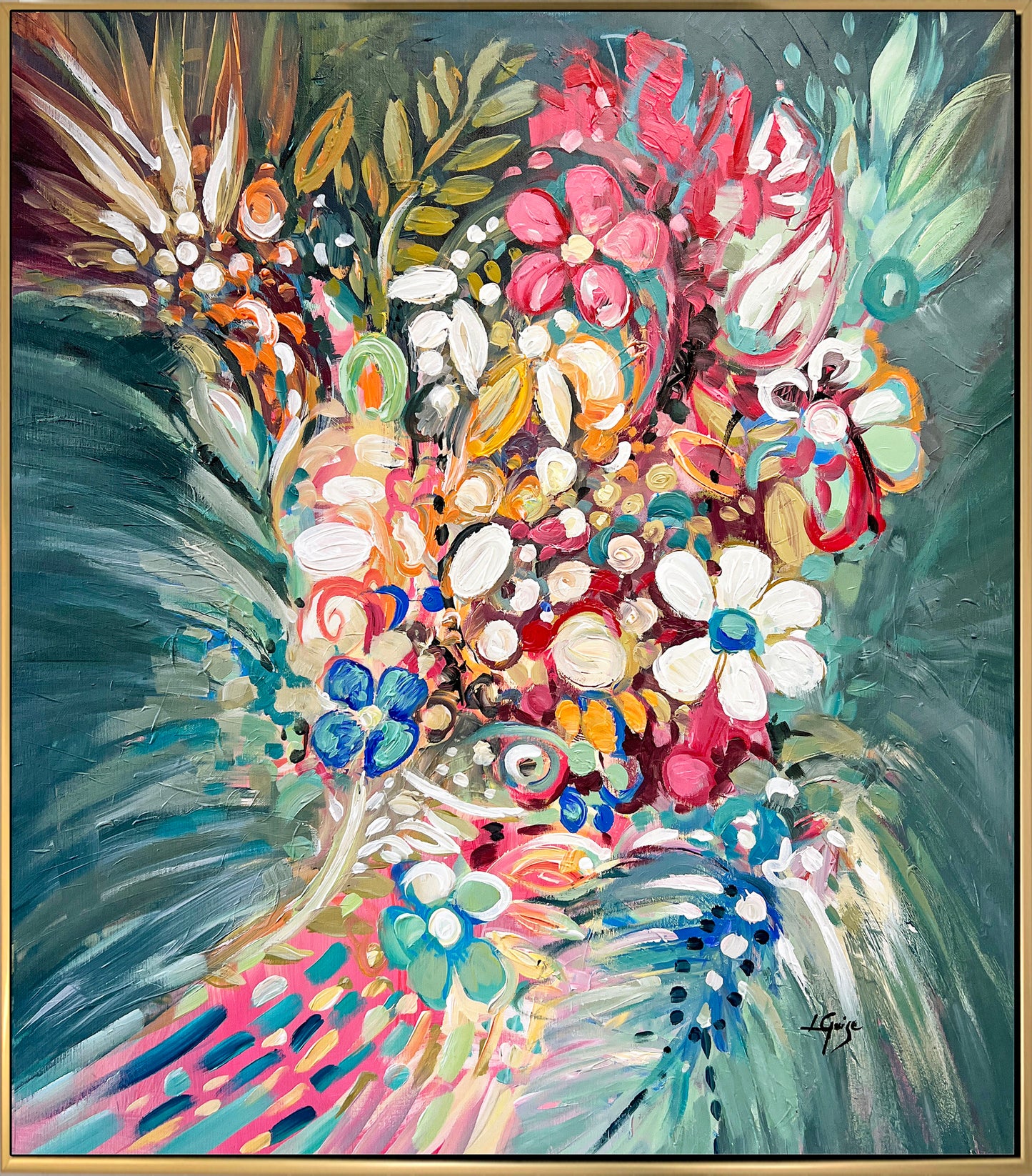 a painting of colorful flowers in a vase