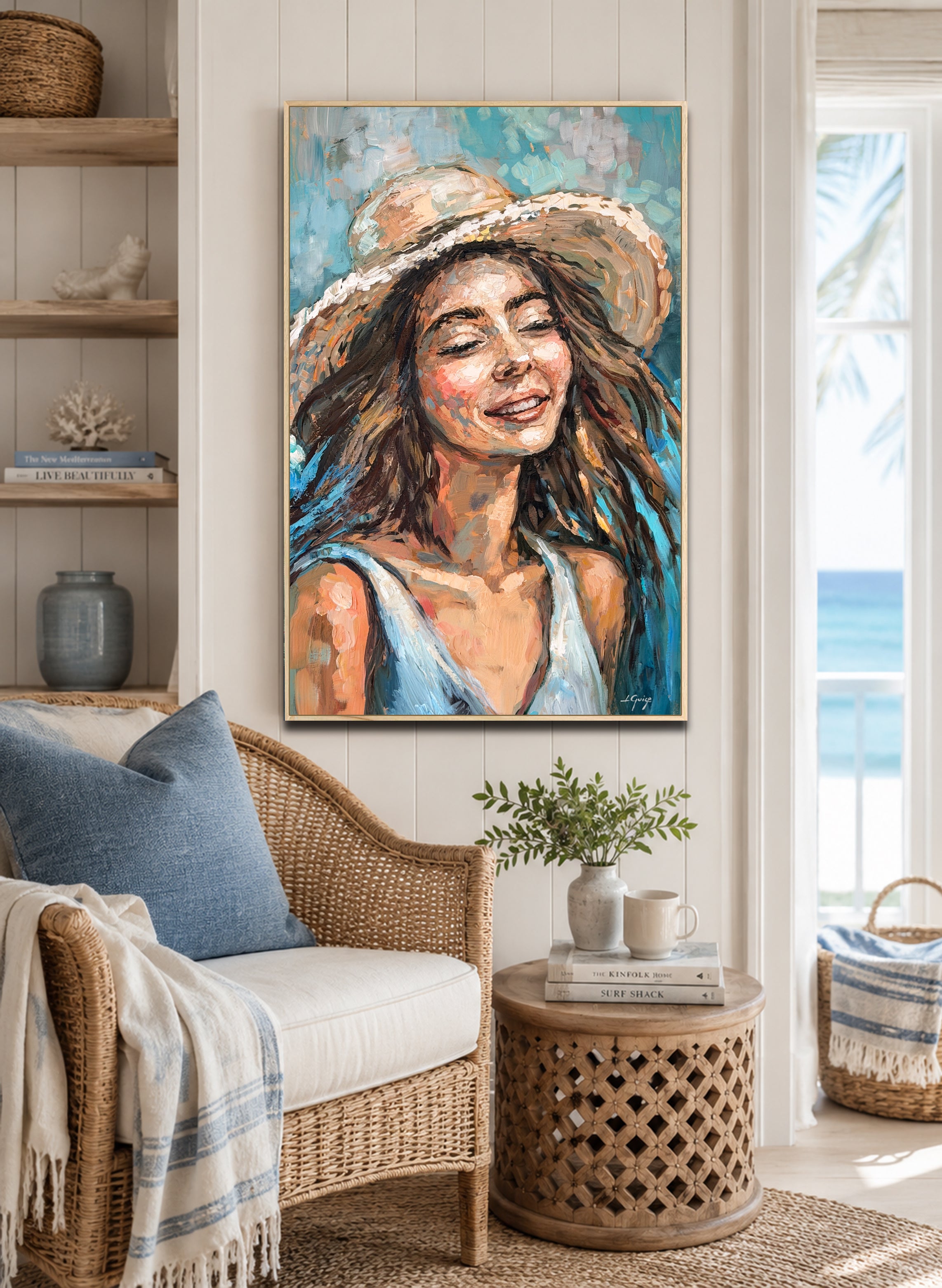 Happy Blue Breeze - Coastal Portrait in Turquoise Teal and Beige