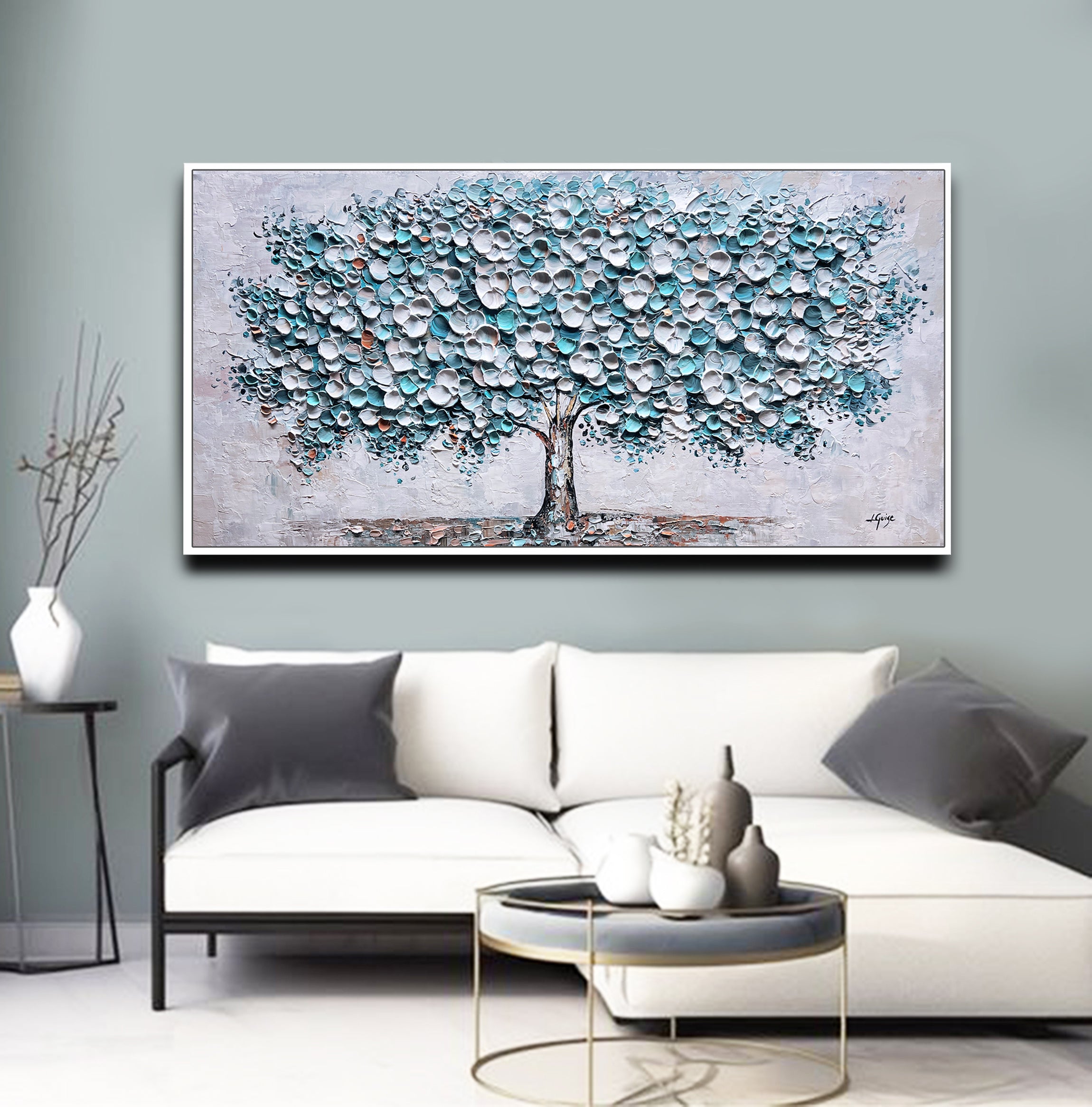 Cloud Petal Tree Turquoise Blossoms Tree Painting 3D Textured Petals ...