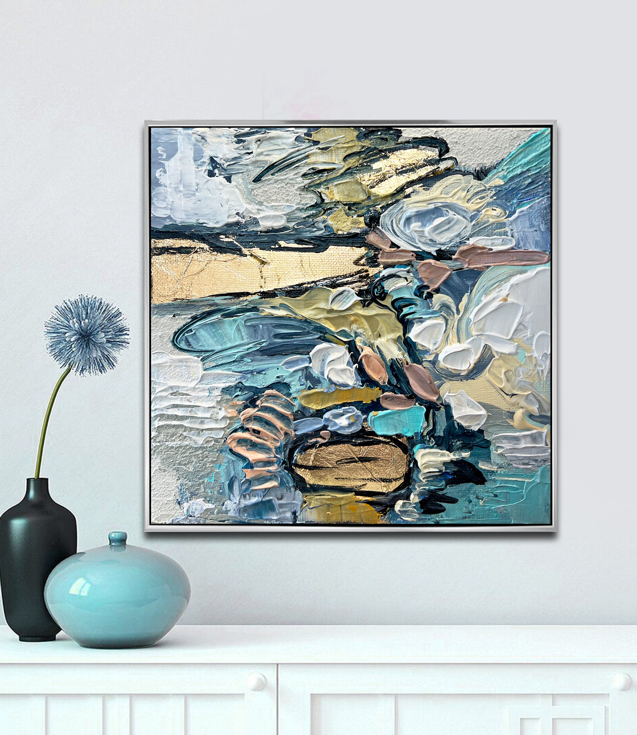 Coastal Memory Abstract Painting in Blue Sand and Gold Tones Modern ...