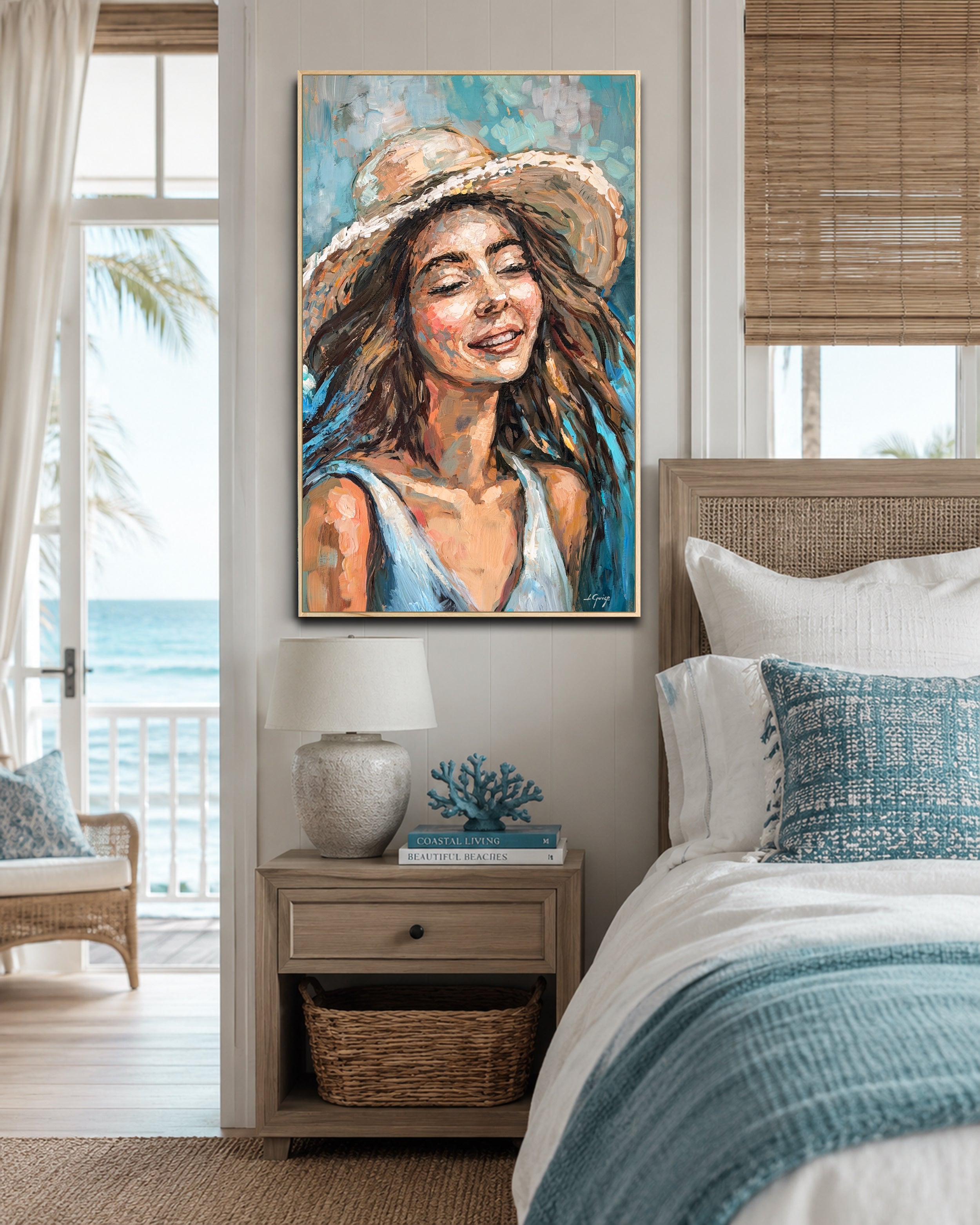 Happy Blue Breeze - Coastal Portrait in Turquoise Teal and Beige