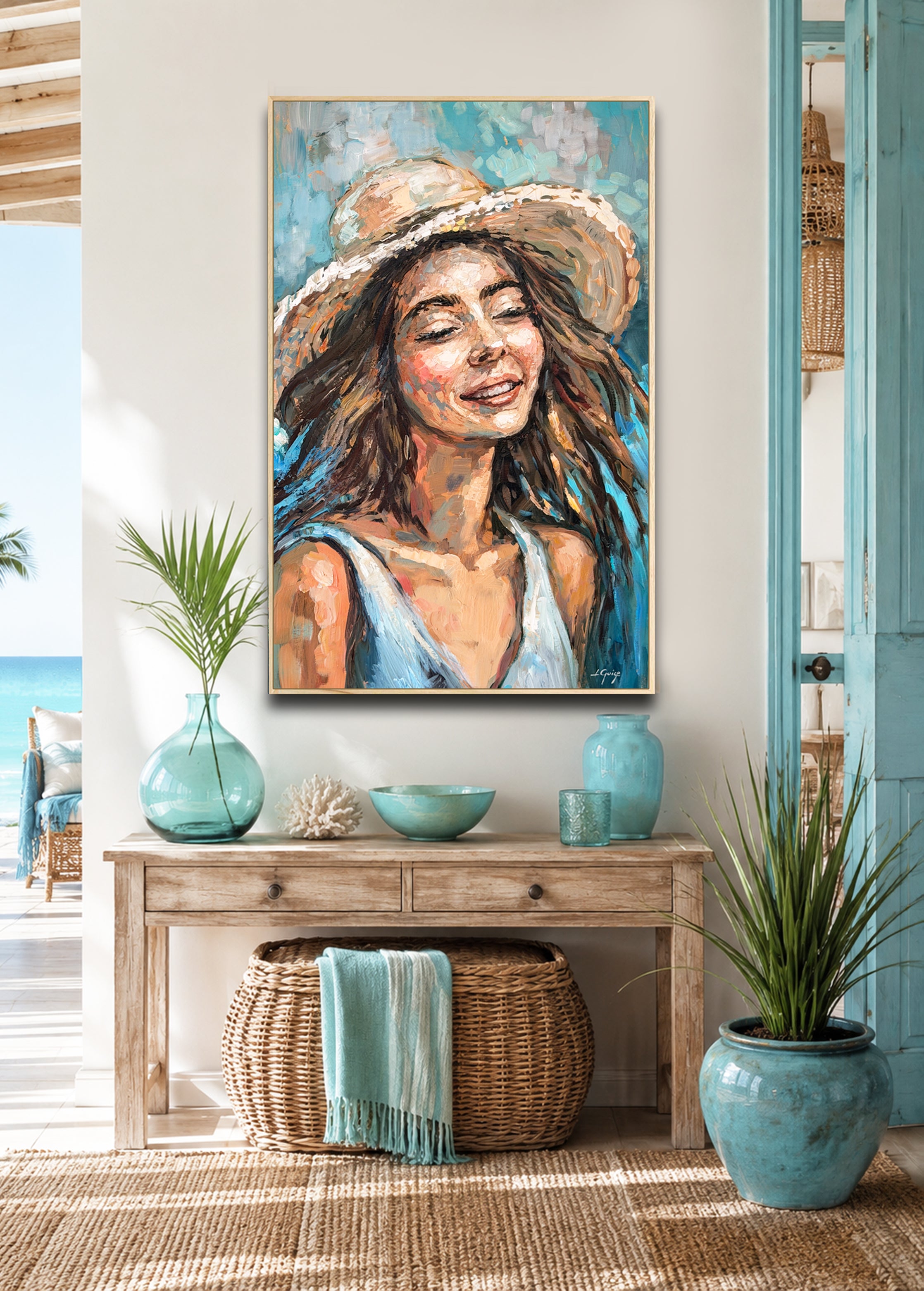 Happy Blue Breeze - Coastal Portrait in Turquoise Teal and Beige
