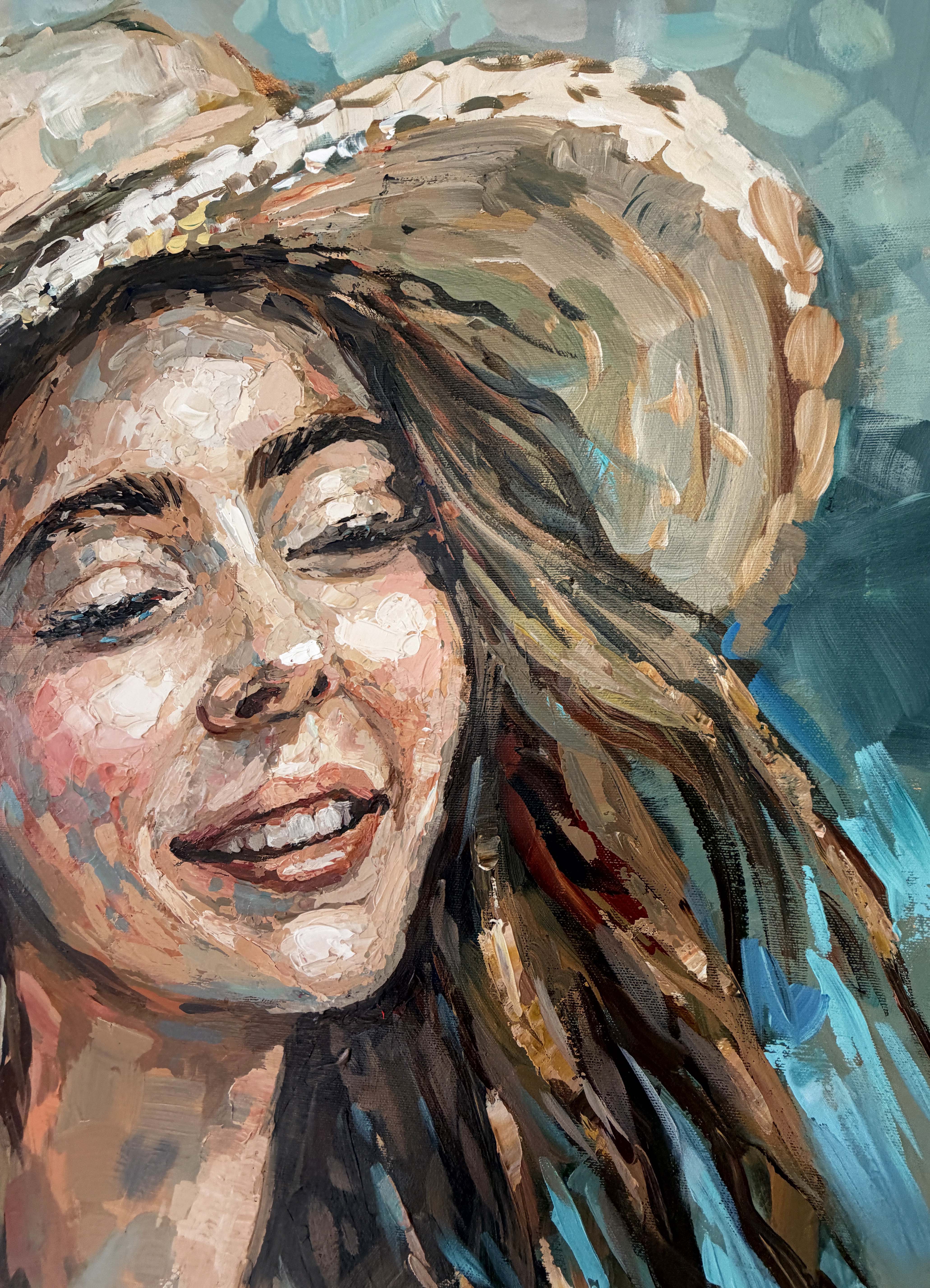 Happy Blue Breeze - Coastal Portrait in Turquoise Teal and Beige