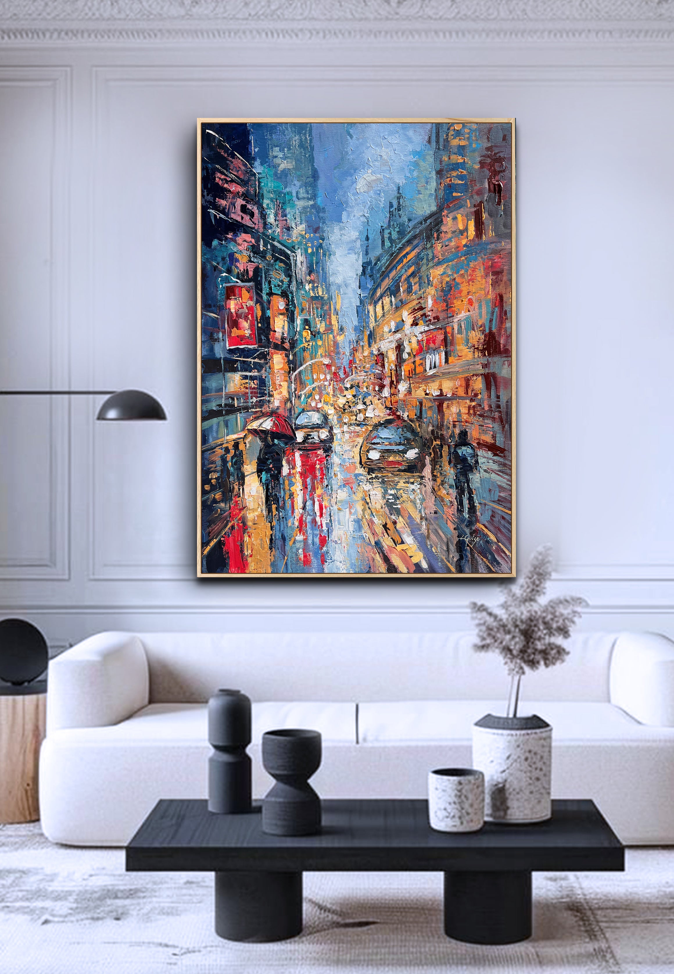 Rainy City Reflections - Textured Abstract Cityscape in Blue