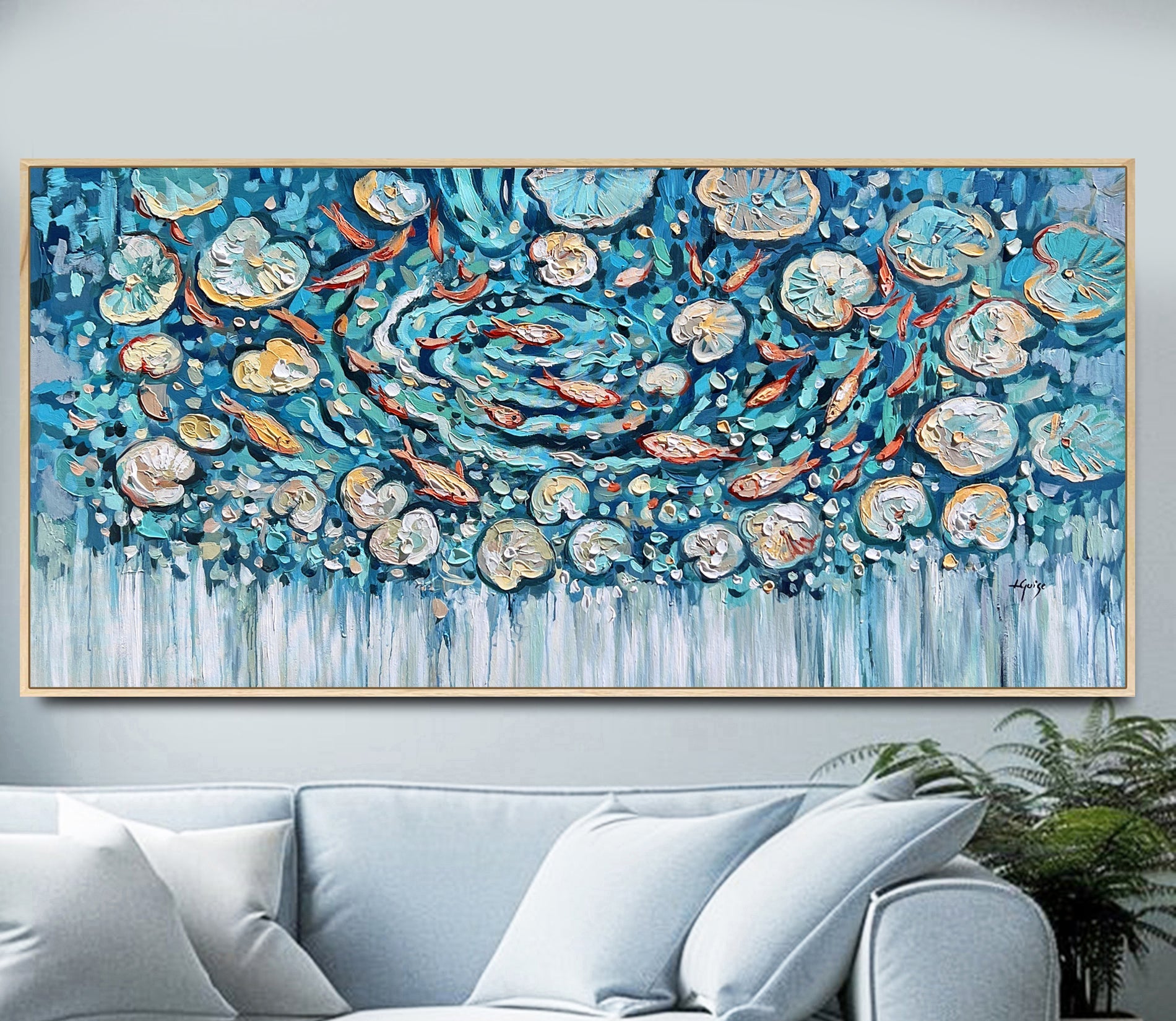 The Current's Song - Koi Pond Painting in Blue Teal with Vortex