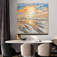 a painting hanging on a wall above a dining room table