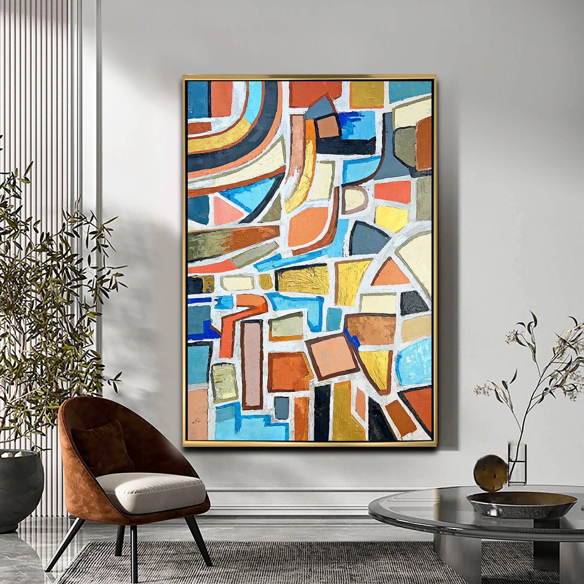 a painting hanging on a wall in a living room