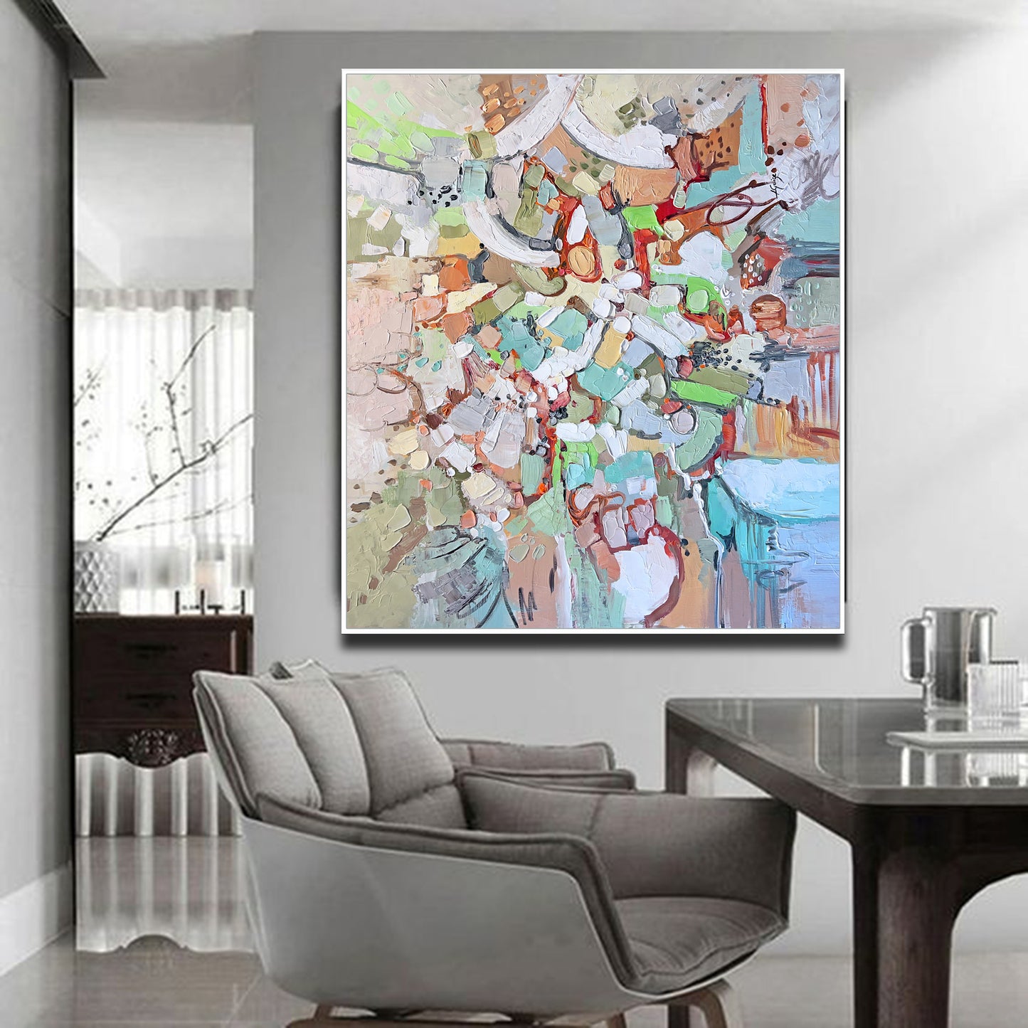 a painting on a wall above a dining room table