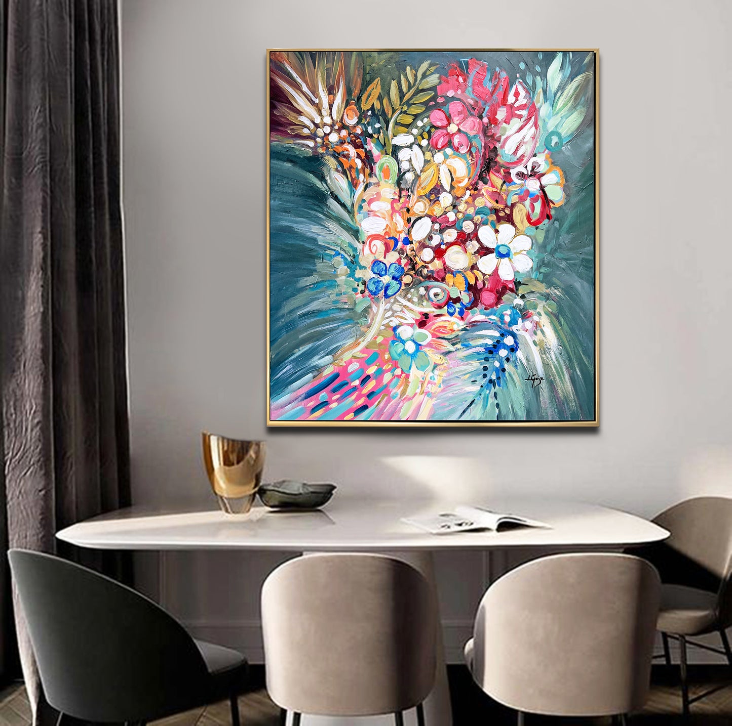 a dining room table with chairs and a painting on the wall