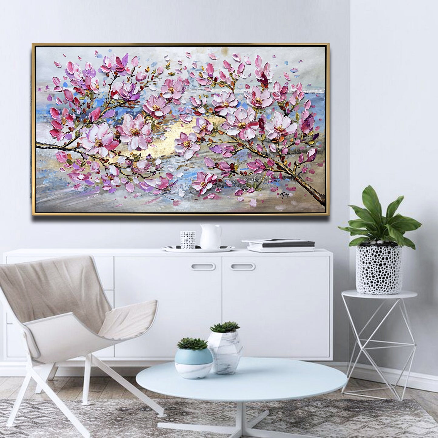 a painting of pink flowers on a white wall