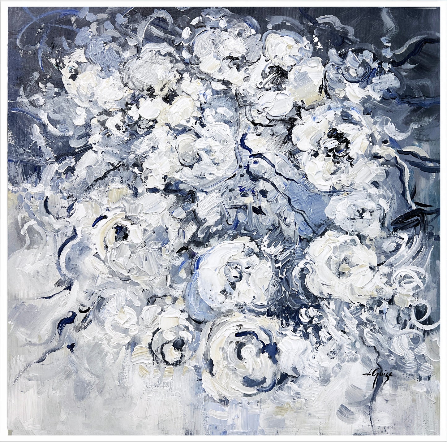 a painting of a bouquet of white flowers