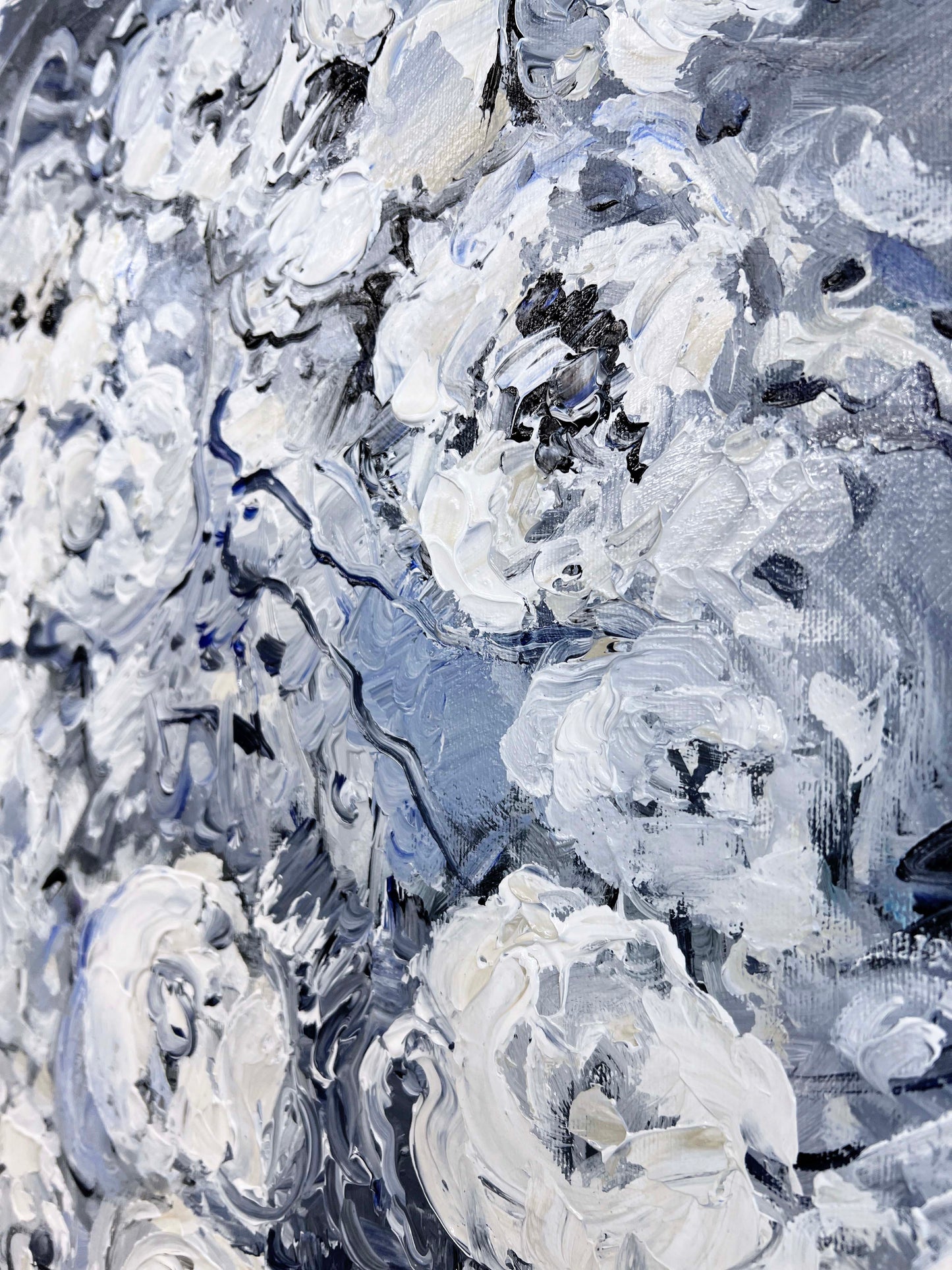 a painting of white flowers on a gray background