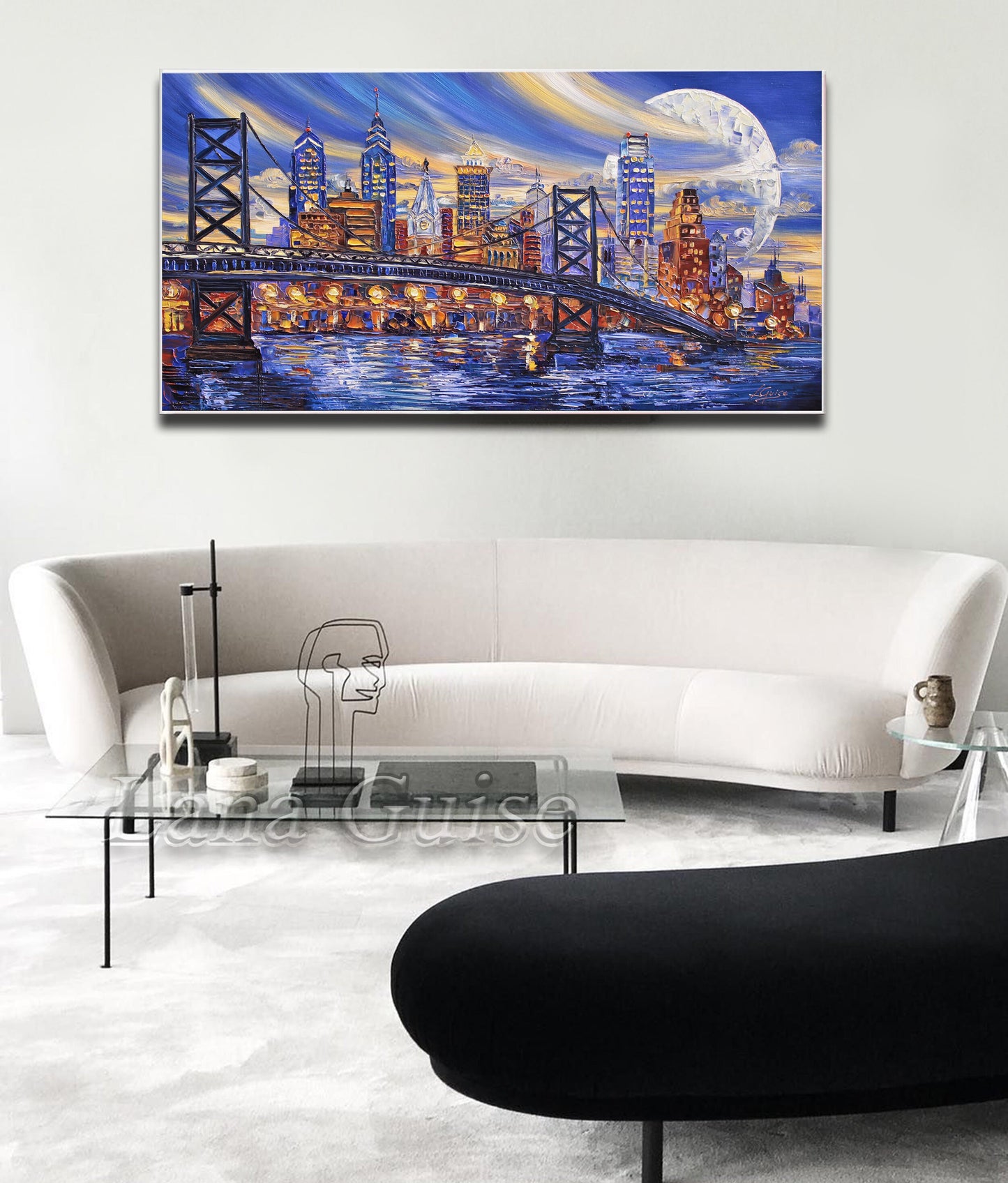 Philadelphia Skyline Painting, Original Oil Cityscape, Bridge, Landscape Contemporary Painting Modern Textured Palette Knife by Lana Guise
