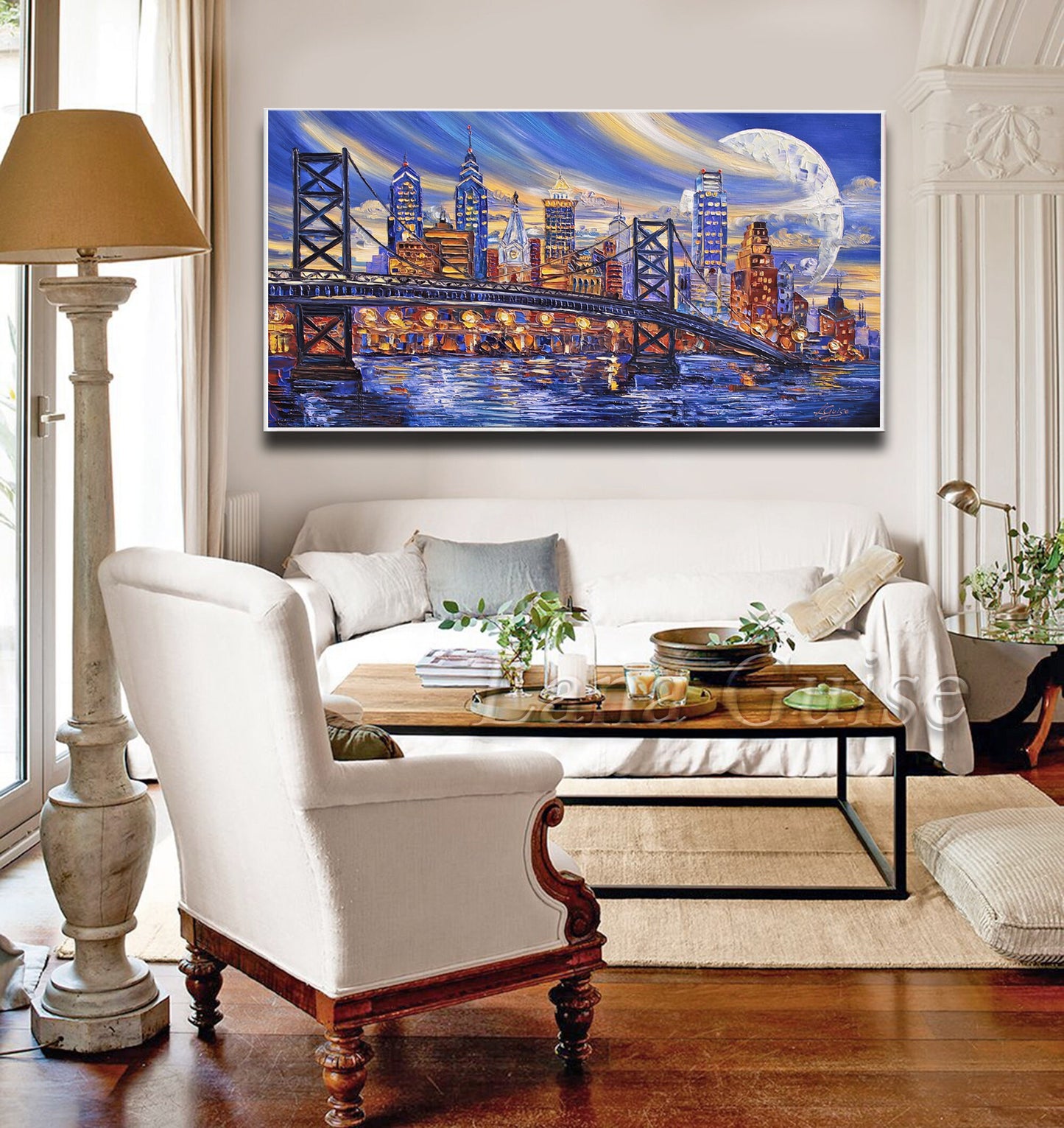 Philadelphia Skyline Painting, Original Oil Cityscape, Bridge, Landscape Contemporary Painting Modern Textured Palette Knife by Lana Guise