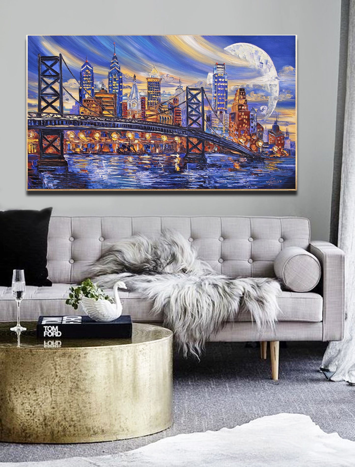 Philadelphia Skyline Painting, Original Oil Cityscape, Bridge, Landscape Contemporary Painting Modern Textured Palette Knife by Lana Guise
