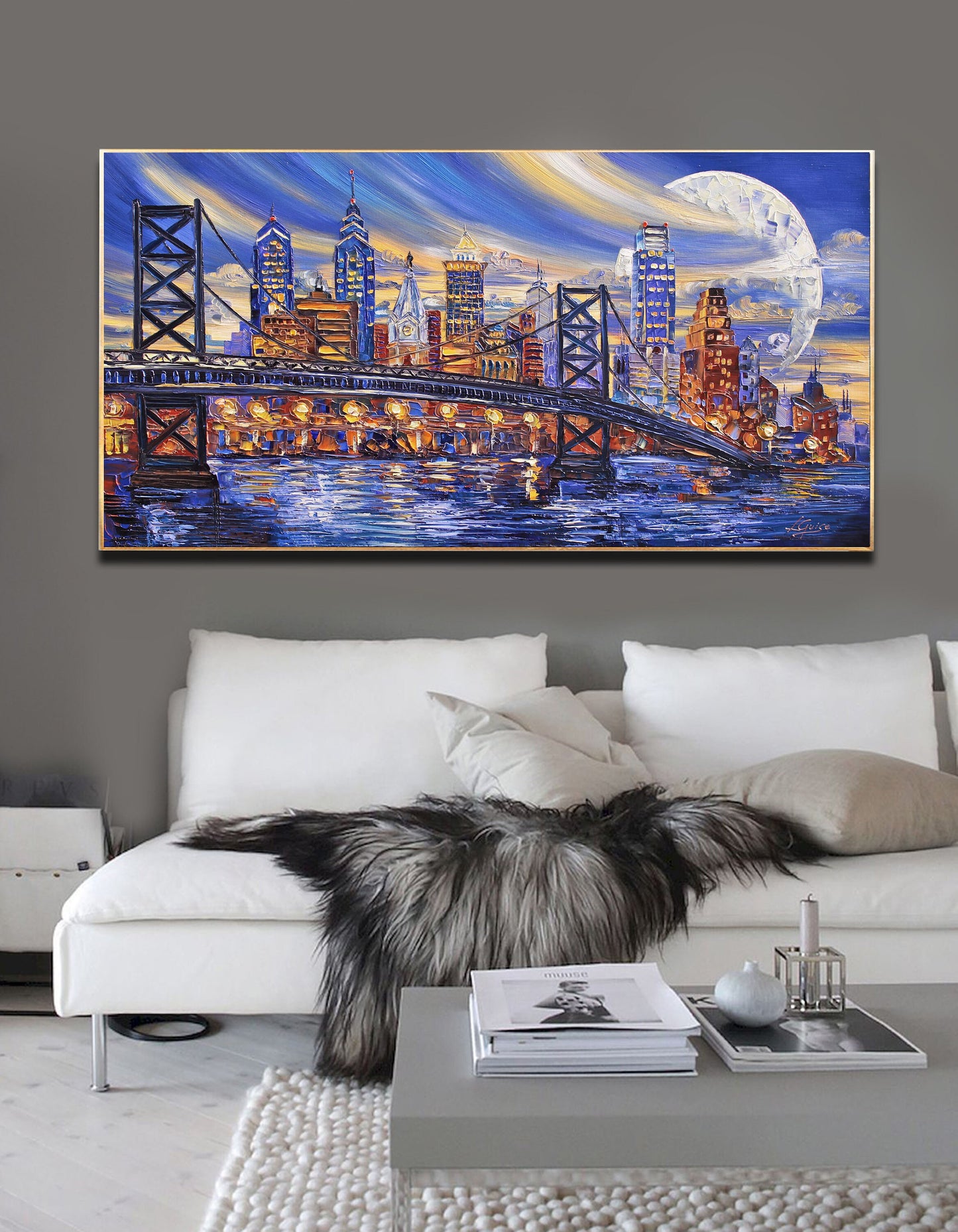 Philadelphia Skyline Painting, Original Oil Cityscape, Bridge, Landscape Contemporary Painting Modern Textured Palette Knife by Lana Guise